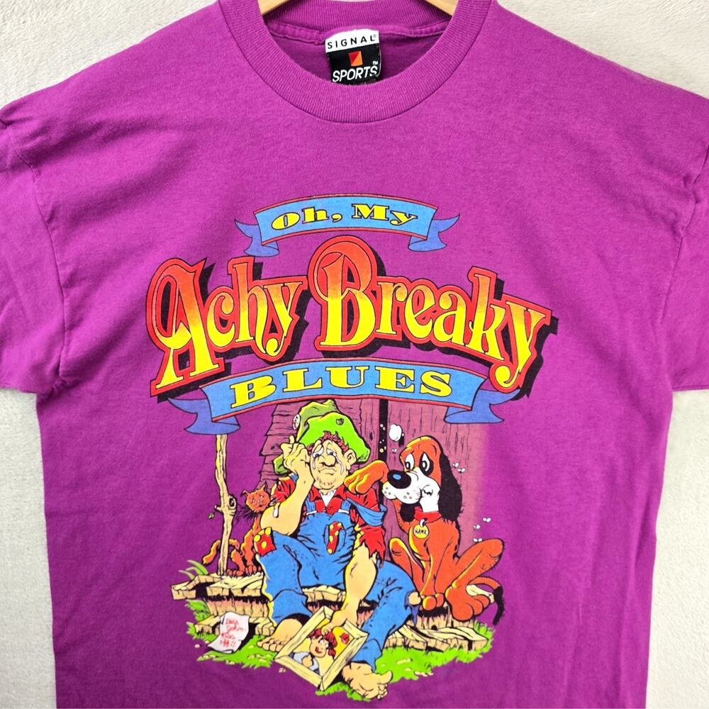 Vintage Achy Breaky Blues Shirt Large Purple Hill Billy Humor Single Stitch USA